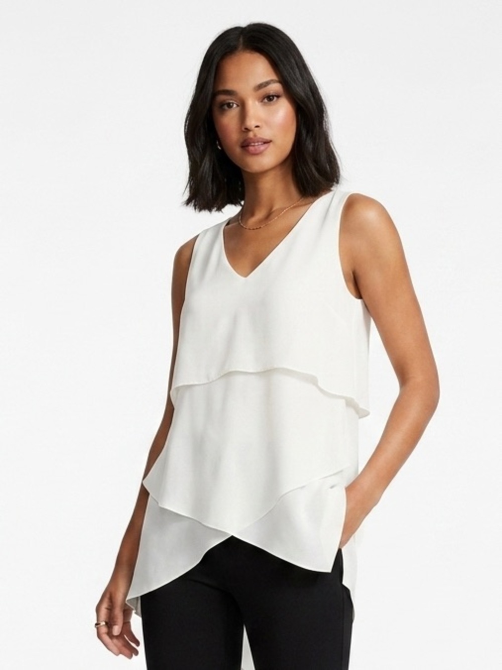 WHBM Ivory Layered V Neck Sleeveless Tunic Top PS SP Petite Small $78 EUC